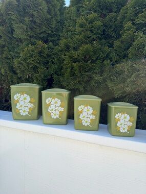 vintage Atapco Avocado Green Floral Nesting Canister Set of 4 - 70s MCM